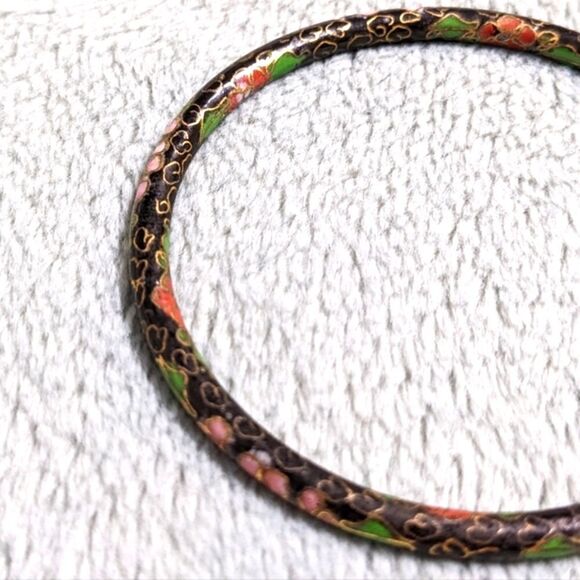 Vintage 1970's Black & Pink Chinese Cloisonne Enamel Floral Bangle Bracelet - Picture 4 of 13